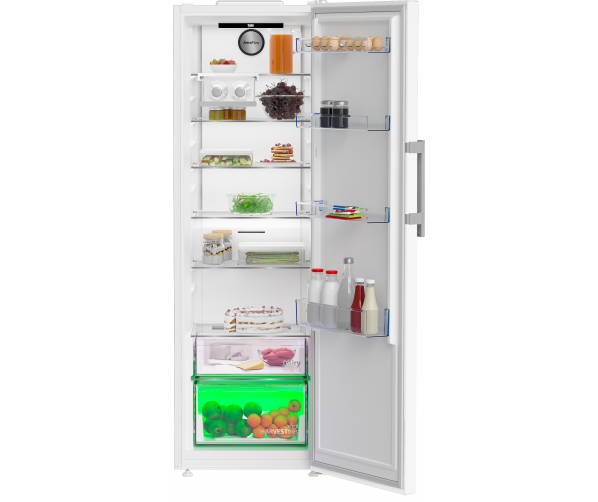 Interieur van Beko B3RMLNE444HW1 koelkast met LED-verlichting en stevig veiligheidsglas