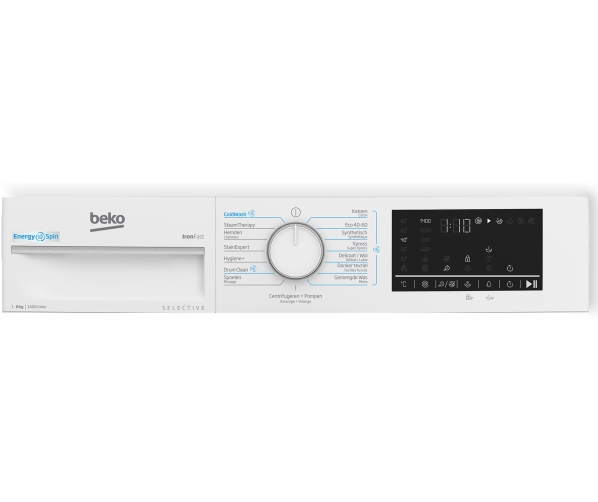 Programmaknop van Beko B3WM4841W2 met StainExpert-functie in beeld
