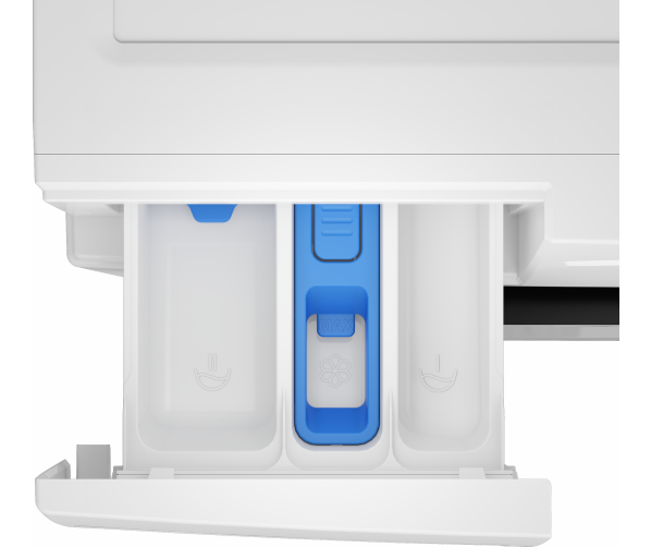 Wasmiddelenlade van de Beko B3WM49410W2 wasmachine met aparte vakken voor voorwas, hoofdwas en wasverzachter Vraag ChatGPT