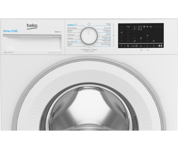 Gebruiksvriendelijke knoppen en draaiknop op de Beko B3WM49410W2