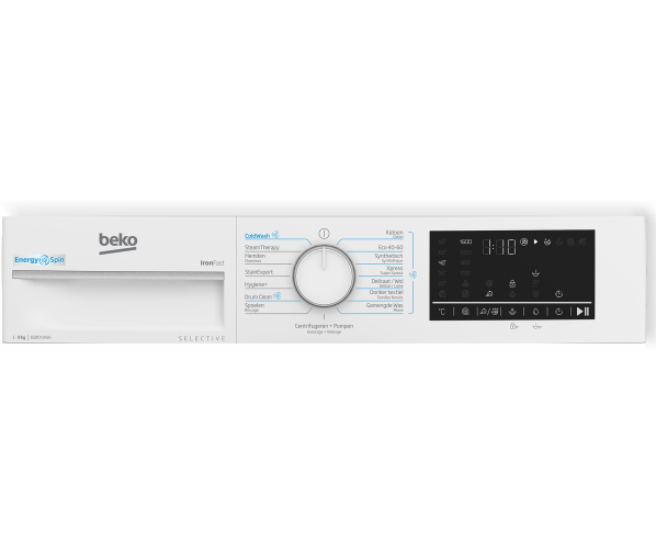 Bedieningspaneel met draaiknop en digitaal display van de Beko B3WM49610W2