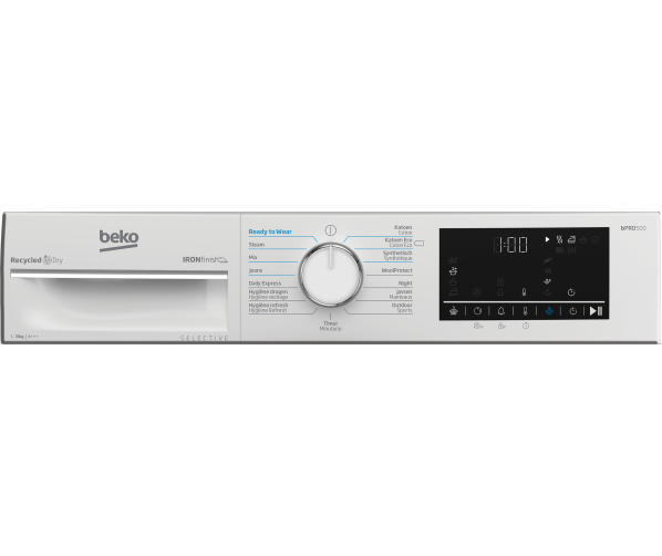 Digitaal display van de Beko B5T68243W2 met programmakeuze en tijdweergave