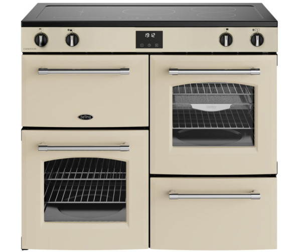 Belling FARMHOUSE 100Ei CRM crèmekleurig inductiefornuis 100 cm breed met 5 inductiezones en 3 ovens, klassiek design