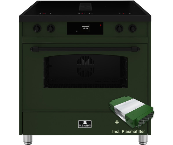 90 cm breed ELEMENTI DI CUCINA fornuis IC9034-PG-MZ-B in pine green met zwart metalen handgreep
