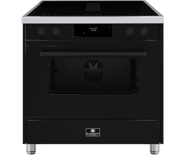 Modern zwart inductiefornuis met oven, afzuiging en touchscreen