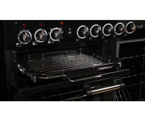 Falcon Classic Deluxe 100 inductie fornuis in de kleur zwart met chroom beslag