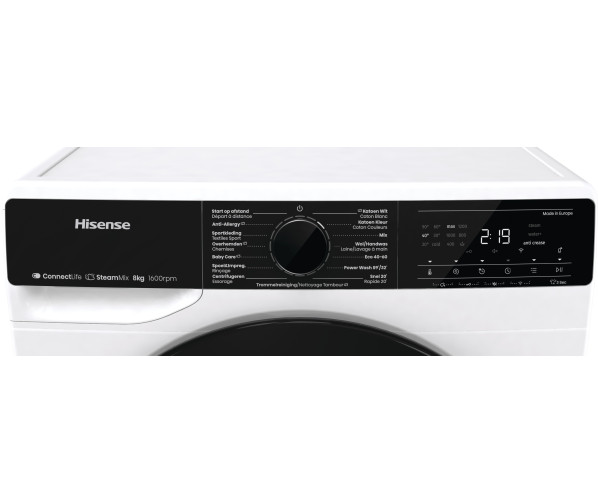 Hisense WF5V863BW wasmachine met WiFi, stoom, 8 kg en 1600 toeren