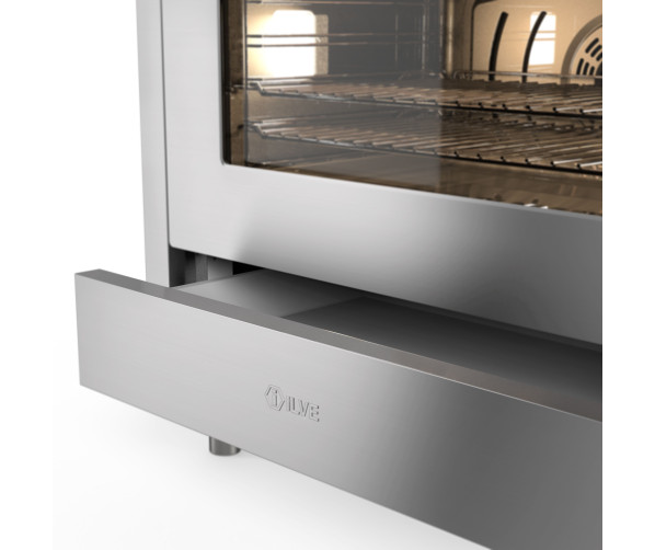 Soft-close lade onder ILVE LBI095WSCM3/SS inductie fornuis voor extra opbergruimte