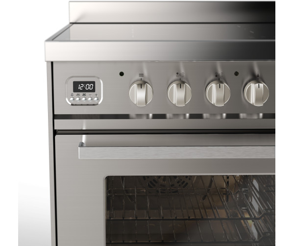 LDBI09WSCM3/SS roestvrijstalen inductie fornuis met digitale klok, draaiknoppen en soft-close ovendeur