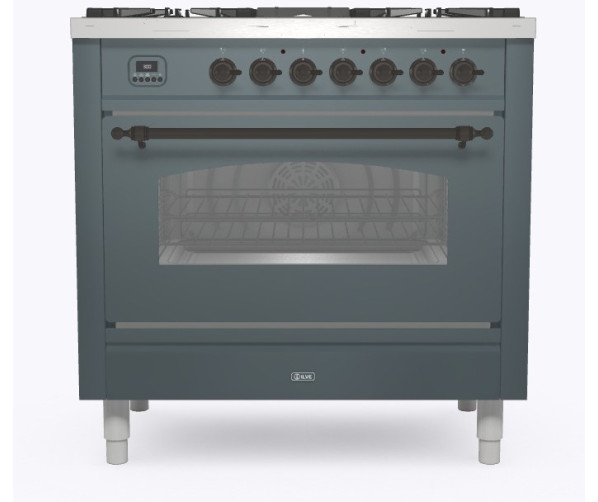 ILVE P096NE3/BGB 90 cm gasfornuis in zwart met messing knoppen en vijf gasbranders