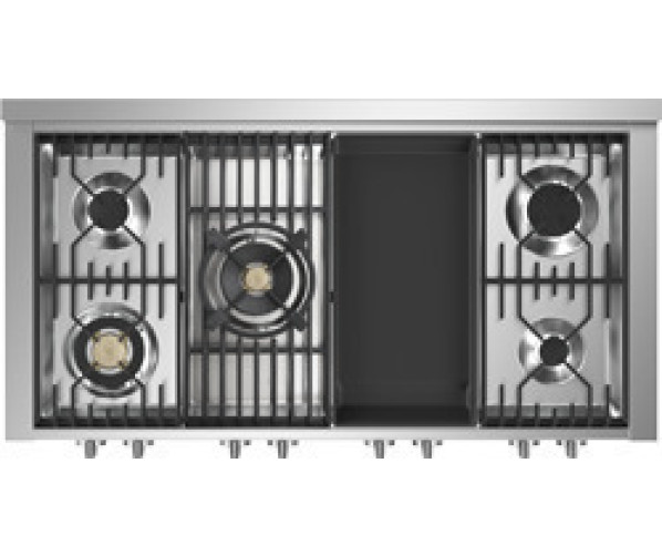 Detail van 5 messing gasbranders op STEEL GP12FF-4TM fornuis