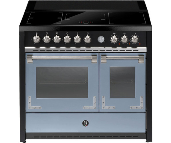 Steel inductiefornuis lichtblauw met klassieke ovenknoppen en dubbele ovenfuncties