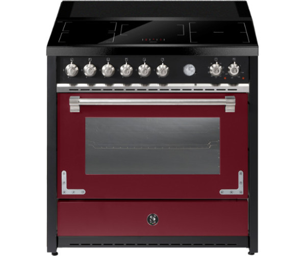 STEEL X9F‑5FIW fornuis in bordeaux met vijf zones en krachtige kookveldafzuiging