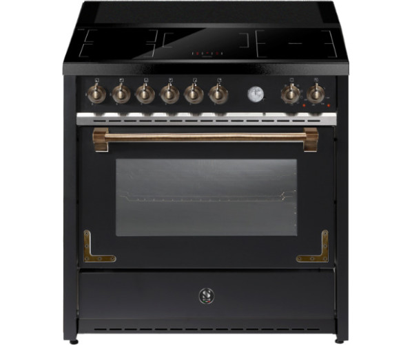 Vrijstaand bronskleurig STEEL X9F‑5FIW inductiefornuis met multifunctionele oven en afzuiging