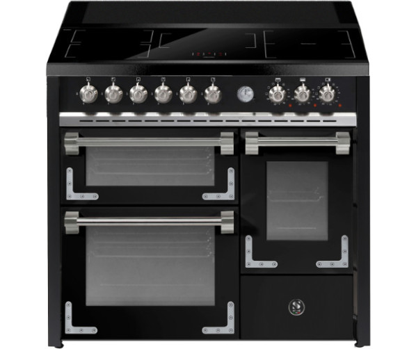 Steel fornuis nikkel met Full Wide inductiekookplaat en 3 ovens