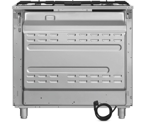 Achterkant SMEG CX91GMXNLK gasfornuis met aansluitingen voor gas en elektriciteit in rvs uitvoering