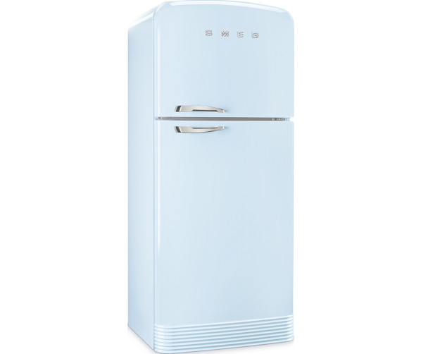 De Smeg FAB50RPB5 koelkast blauw heeft kenmerkende afgeronde hoeken en chromen details