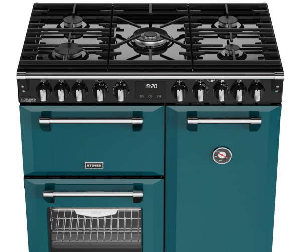 Vrijstaand gasfornuis met elektrische ovens in retro Deep Marine design – Stoves Richmond