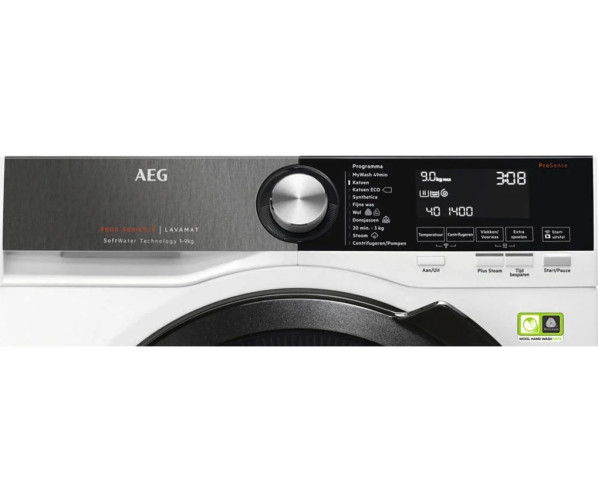 Foto van het blacksteel bedieningspaneel van de Aeg L9FEN96BC wasmachine