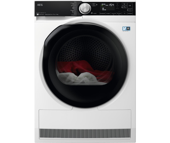 Vooraanzicht AEG TR979M8CS warmtepompdroger met zwarte deur en groot bedieningspaneel