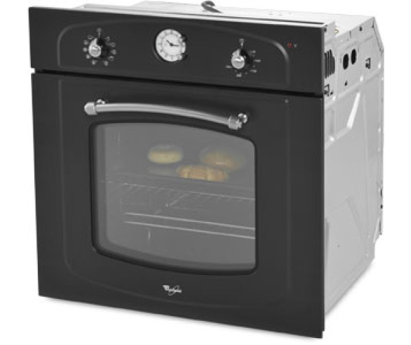 Het klassiek landelijke design van de Whirlpool AKP290NA wordt versterkt door de kleur antraciet, de ronde grepen en het analoge klokje