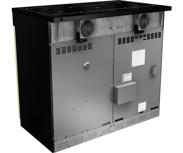 Foto van de achterzijde van de Farmhouse 100 EI crème met zichtbaar de ventilatoren voor de koeling van de inductie kookzones