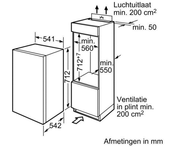 Maattekening Bosch GID14A65 inbouw vrieskast