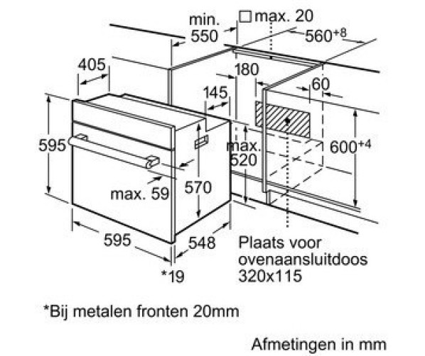 Maattekening Bosch HBA63B151S inbouw oven