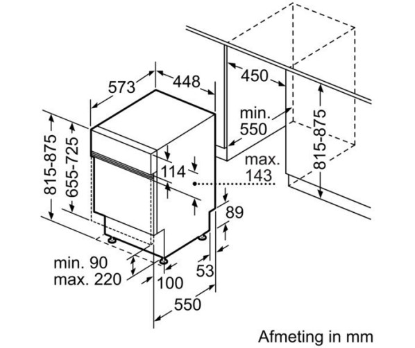 Maattekening Bosch SPI50E25EU inbouw vaatwasser