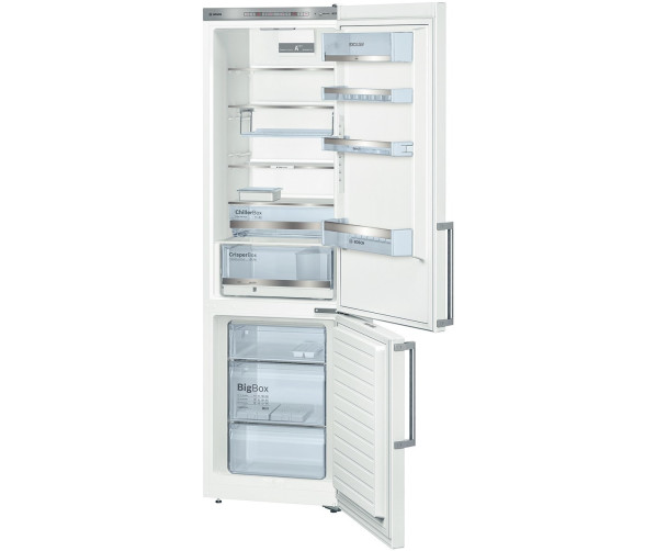 Het luxe interieur van de Bosch KGE39EW43 koelkast wit met ChillerBozen en VarioFreezing
