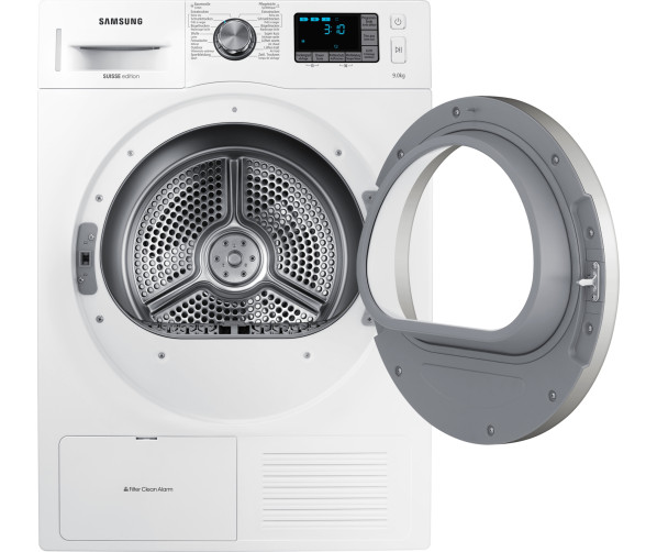 De DV90F5E6HGW heeft een rechtsdraaiende deur en 9 kg. trommel