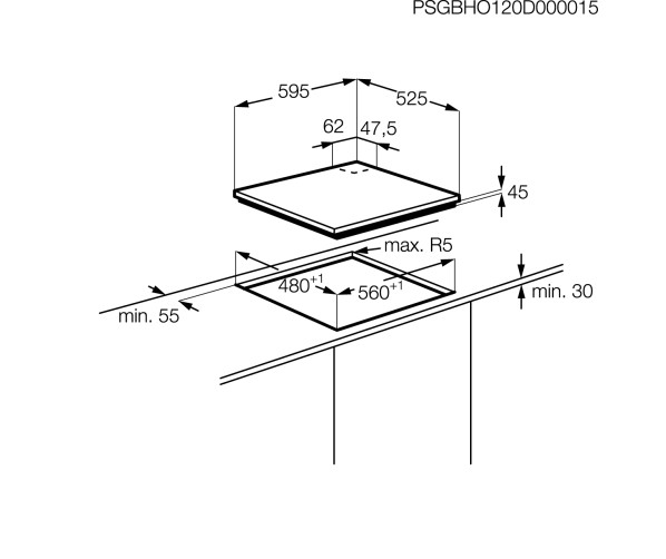 Maattekening Electrolux EGU6648LOX kookplaat rvs