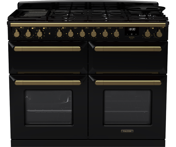 Falcon Estel Deluxe 110 zwart gasfornuis met sudderoven en gietijzeren pandragers