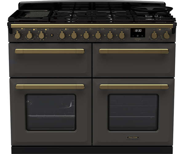 Falcon Estel Deluxe 110 cm gasfornuis in leisteen kleur met antiek messing afwerking