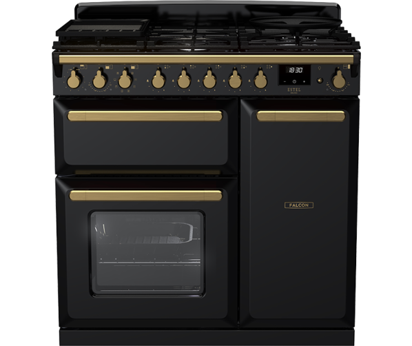 Zwart gasfornuis Falcon Estel Deluxe 90 met multifunctionele ovens en wokbrander
