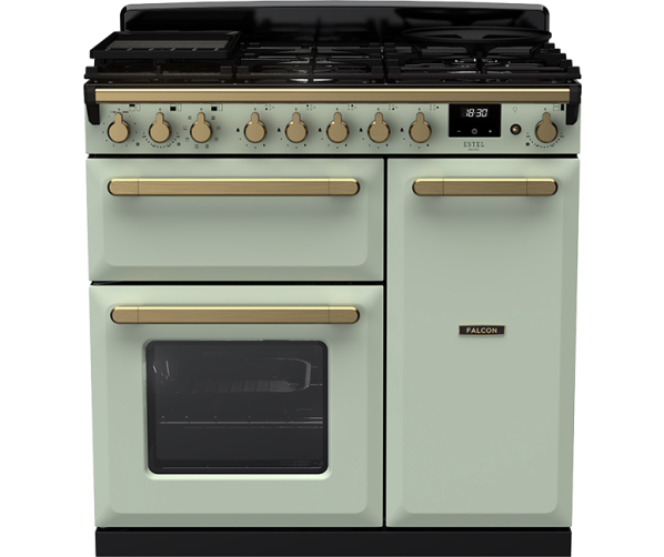 Mintgroen Falcon gasfornuis Estel Deluxe 90 met dubbele elektrische oven