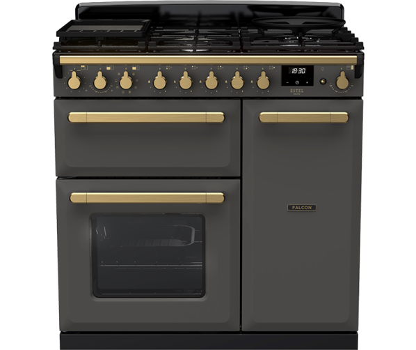 Leigrijs Falcon Estel Deluxe gasfornuis met dubbele oven en wokbrander