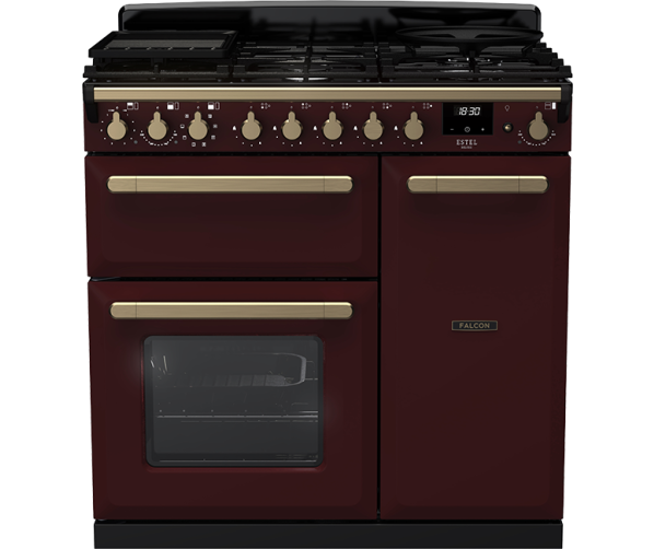 Falcon Estel Deluxe 90 gasfornuis in bordeaux rood met messing afwerking
