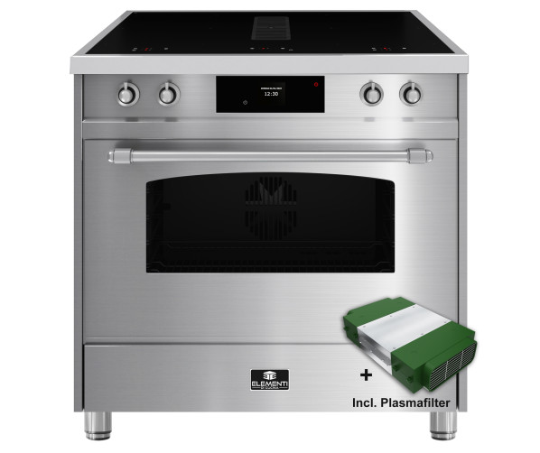 90 cm breed ELEMENTI DI CUCINA IC9034-IX-S vrijstaand inductie fornuis met geïntegreerde afzuigkap