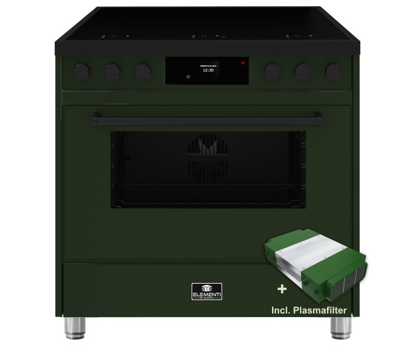 Strak vormgegeven groen Elementi di Cucina IM9034-PG-MZ-B fornuis met zwarte knoppen