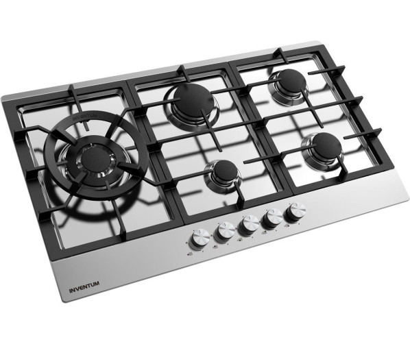 Links op de Inventum IKG9023WGRVS bevindt zich een sterke wokbrander met een vermogen van 3,6 kW