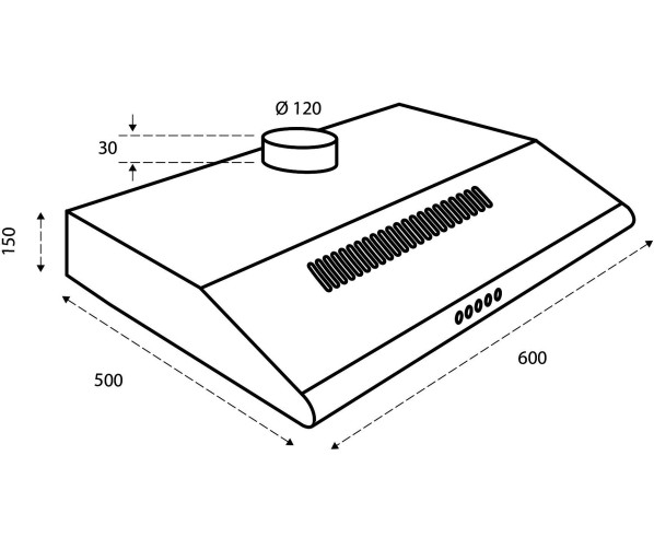 Maattekening Inventum AKO6001RVS onderbouw afzuigkap