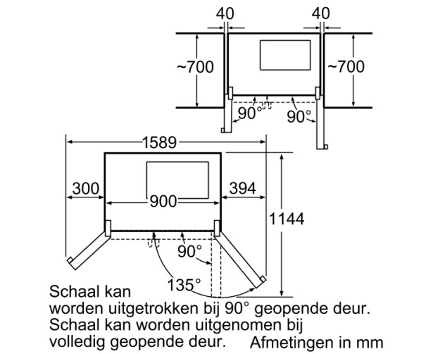 Hoeken en uitslag van de deuren van de KA58NA75