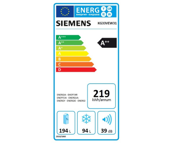 De Siemens KG33VEW31 beschikt over een zeer zuinig energieklasse A++ label