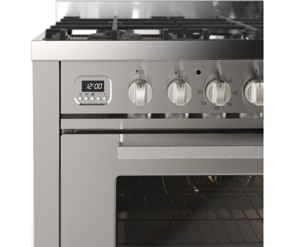 90 cm breed ILVE gasfornuis met digitale klok en soft-close ovendeur in RVS