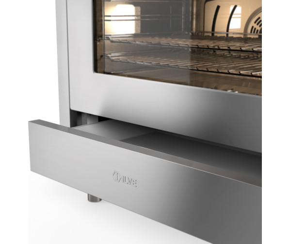 Soft-close opberglade onder de oven van ILVE L096WSCM3/SS RVS gasfornuis