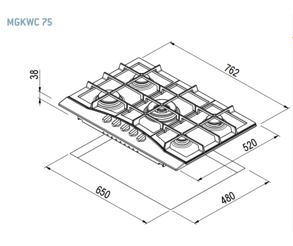 Maattekening M-System MGKWC75AN inbouw gas kookplaat