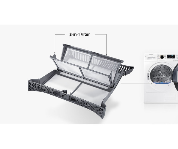 Praktisch is het 2-in-1 filter in de Samsung DV70M5020IW welke zorgt voor optimale prestaties