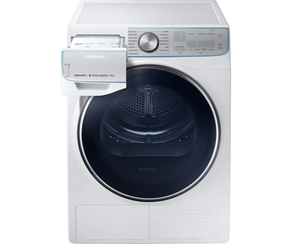 De Samsung DV90N8289AW droger warmtepomp inbouw heeft afvoer naar waterleiding of reservoir bovenin
