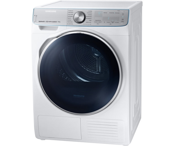 Fraai is het rvs-look bedieningspaneel van de Samsung DV9BN8289AW warmtepomp droger